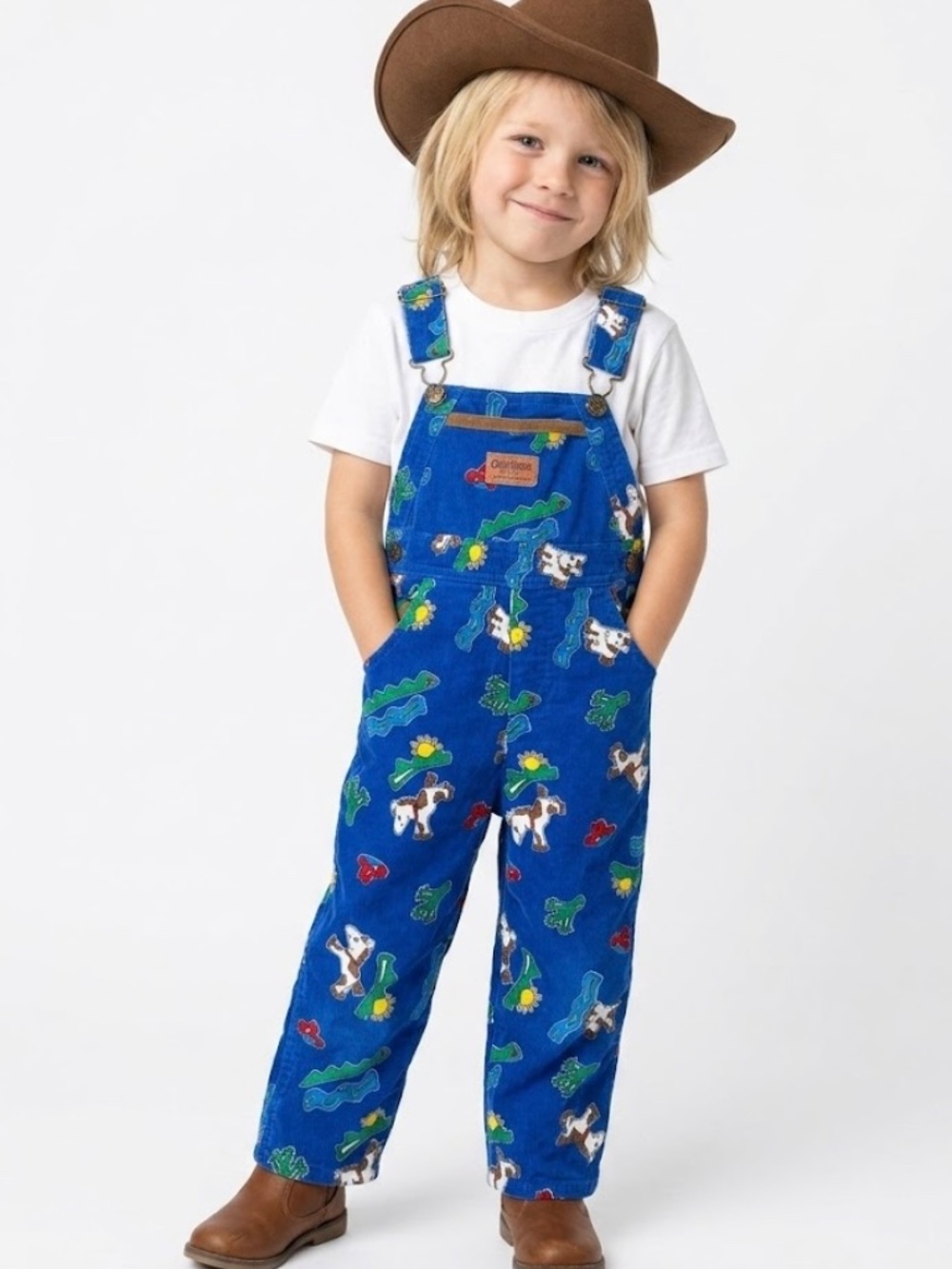 VTG OshKosh Corduroy Vestbak Overalls Blue  Western Horse Pattern Toddler 4T USA